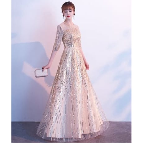 2色★S～6L★パーティー 結婚式 披露宴 ステージ 司会 演奏会 五分袖 キラキラスパンコール刺繍ドレス   20413