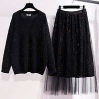 ★大きいサイズ★3L～7L★ぽっちゃりさん ラメ入りニットトップス スパンコールスカート セットアップ [ブラック]  61041