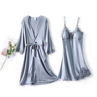 3色★M～2XL★Ｖネック 薄い キャミワンピ+ネグリジェ 五分袖 2点セット 着痩せ   海外   2022032631