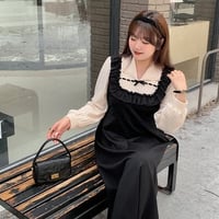 大きいサイズ ★2L～6L★胸元可愛いフリル　バイカラー  異素材切替 ハイウエストワンピース [ブラック]  7868