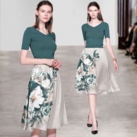 ★S~3L★結婚式 二次会 パーティー 披露宴 ニットTシャツ 花柄プリントスカート  2点セット [グリーン]  S69716