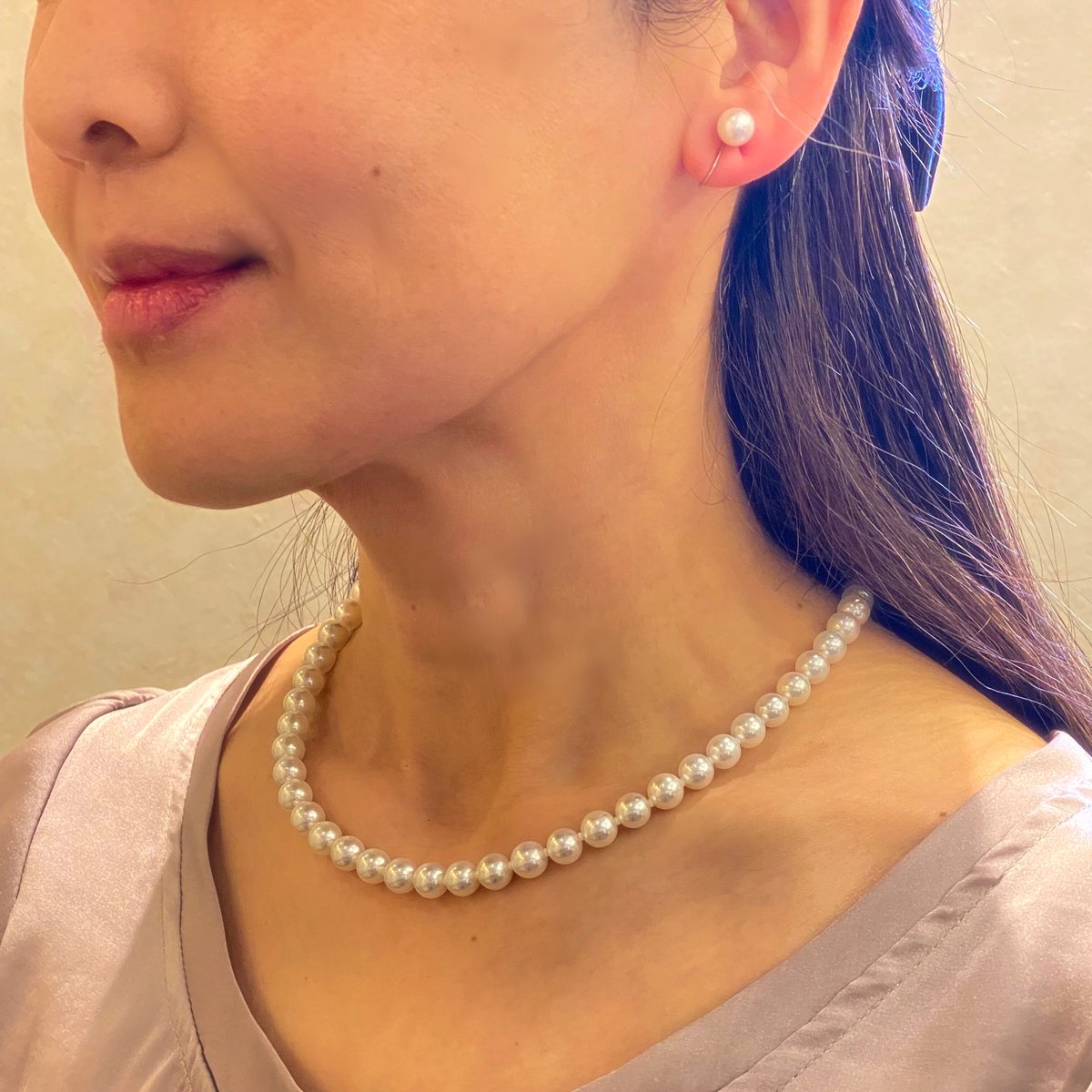 あこや真珠ネックレス イヤリング ⚪️7㎜ k14WG オールノット仕上げ 