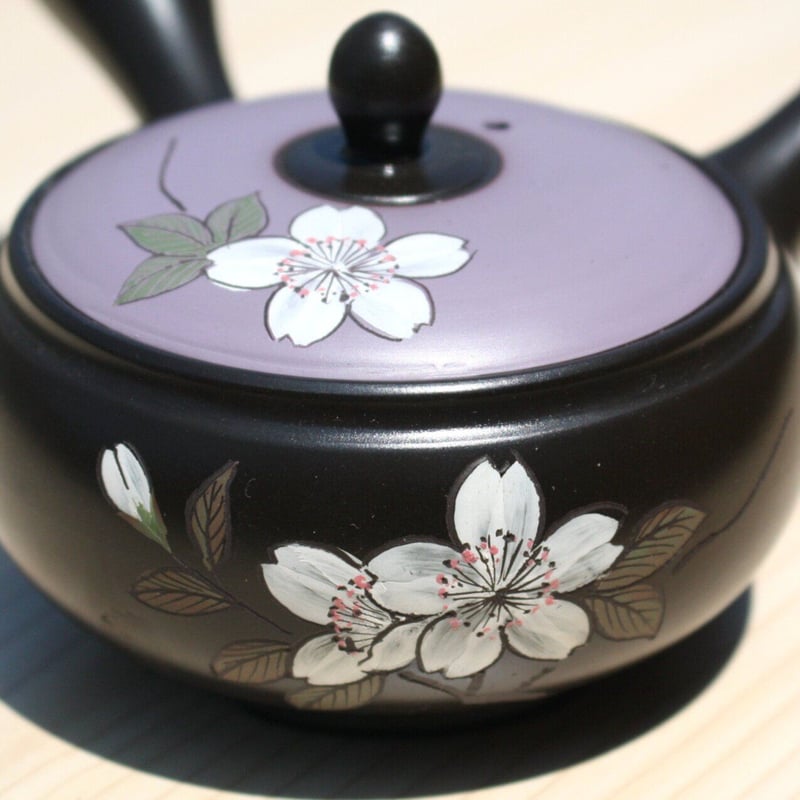 常滑焼 竹春窯 黒窯変変わり蓋桜急須 ステンレス帯アミ 日本製