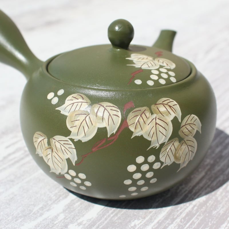 常滑焼 富仙窯 緑化粧丸碗ぶどう絵急須 ステンレス茶こし 日本製