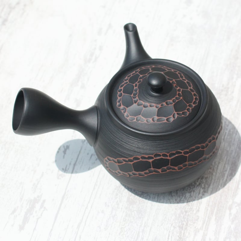 常滑焼 宝龍窯 黒窯変リングカット急須 セラメッシュ（陶製茶こし
