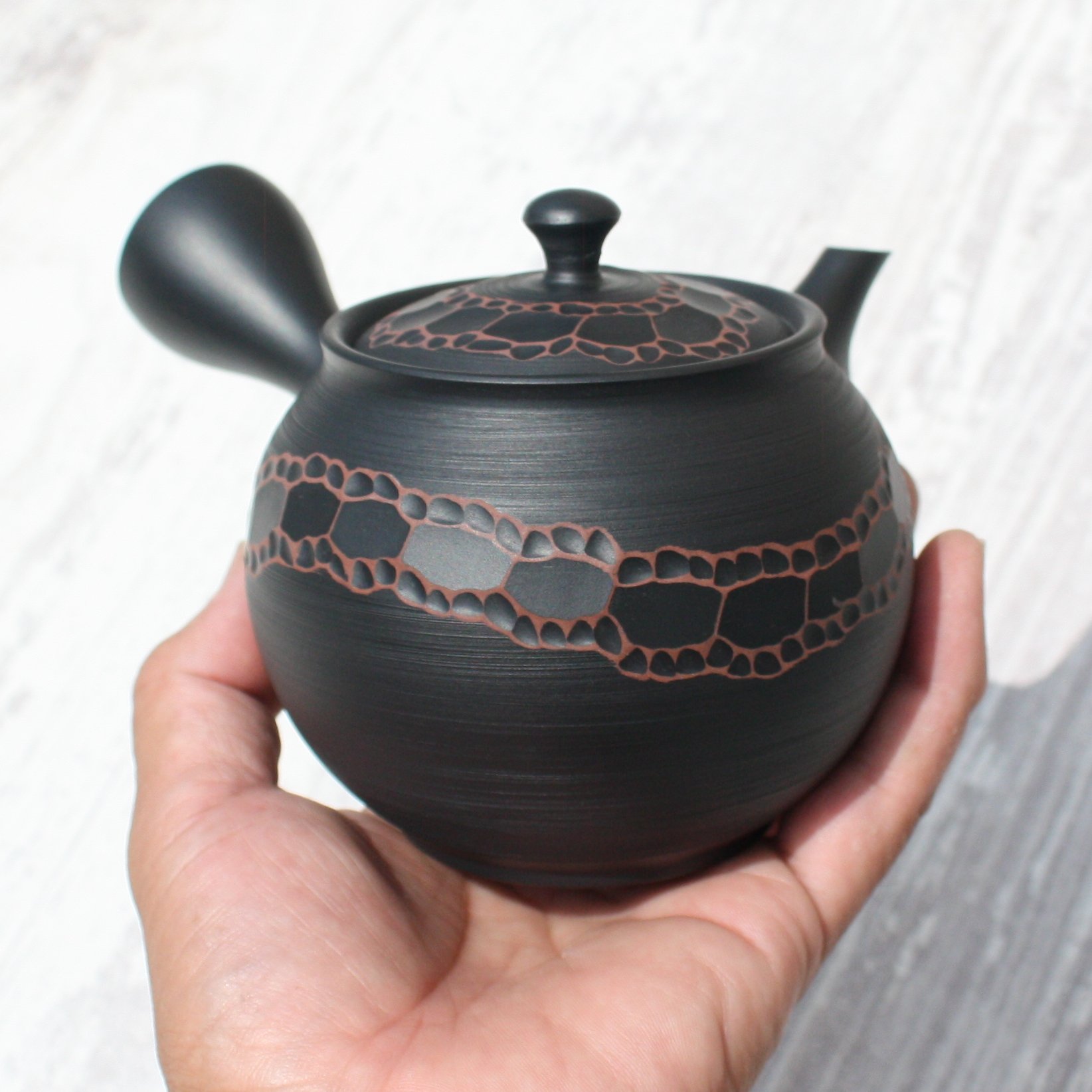 常滑焼 宝龍窯 黒窯変リングカット急須 セラメッシュ（陶製茶こし