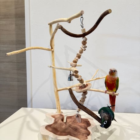 ツリーアスレチック 国産ウッドビーズのおでんくんつき【インコのおもちゃ・ブランコ・自然木のとまり木】バードアスレチック
