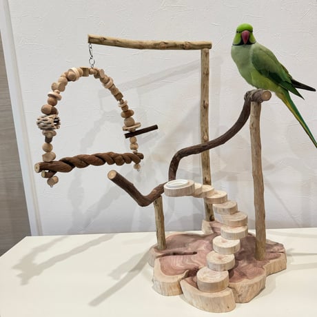 螺旋階段とブランコのバードアスレチック【インコのおもちゃ・自然木のとまり木】