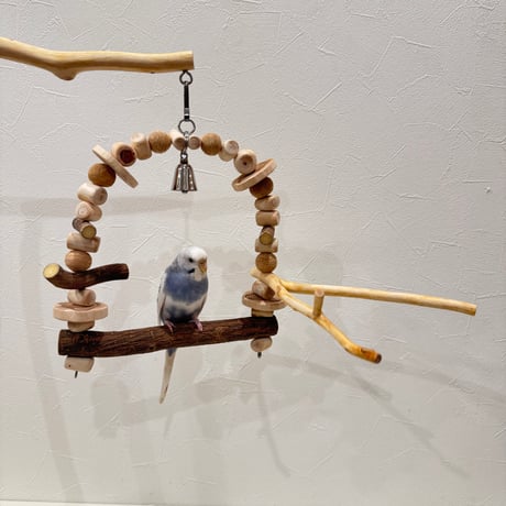 ツタとステンレスベルのパーチブランコ① 【インコ・小鳥のおもちゃ　自然木の止まり木】