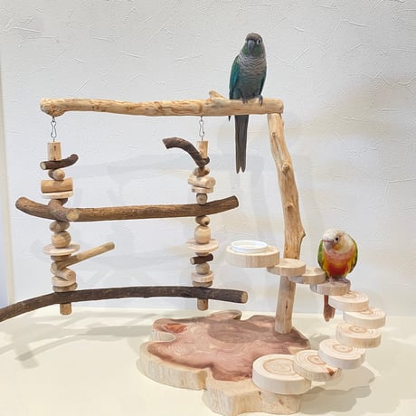 ブランコと螺旋階段のバードアスレチック【インコのおもちゃ・自然木のとまり木】