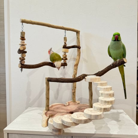 螺旋階段とハイジブランコのバードアスレチック【インコのおもちゃ・自然木のとまり木】