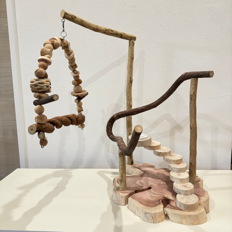 螺旋階段とブランコのバードアスレチック【インコのおもちゃ・自然木の