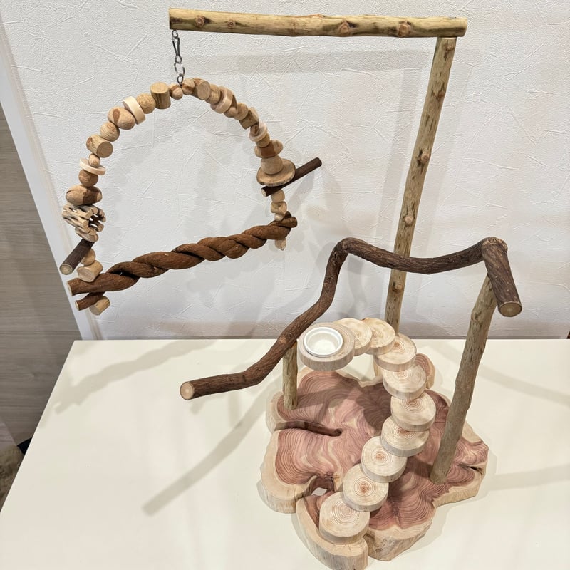 螺旋階段とブランコのバードアスレチック【インコのおもちゃ・自然木の