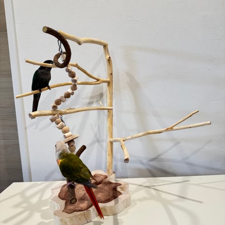 ツリーアスレチック 国産ウッドビーズのおでんくんつき【インコのおもちゃ・ブランコ・自然木のとまり木】バードアスレチック