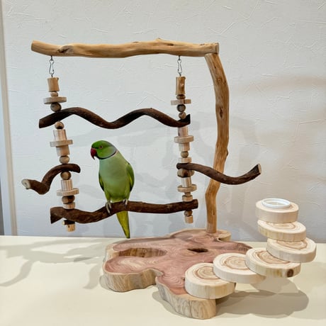 ブランコと螺旋階段のバードアスレチック【インコのおもちゃ・自然木のとまり木】