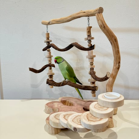 ブランコと螺旋階段のバードアスレチック【インコのおもちゃ・自然木のとまり木】