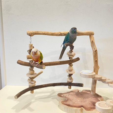 ブランコと螺旋階段のバードアスレチック【インコのおもちゃ・自然木のとまり木】