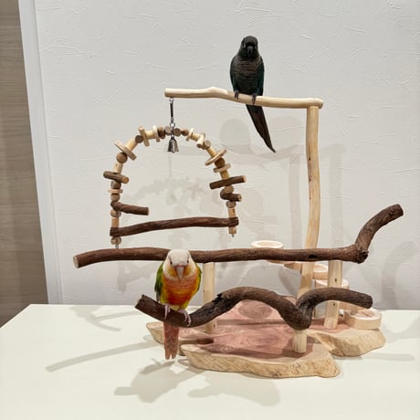 螺旋階段とベル付きブランコのバードアスレチック【インコのおもちゃ・ブランコ・自然木のとまり木】バードアスレチック
