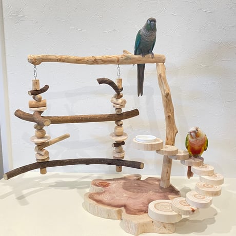ブランコと螺旋階段のバードアスレチック【インコのおもちゃ・自然木のとまり木】