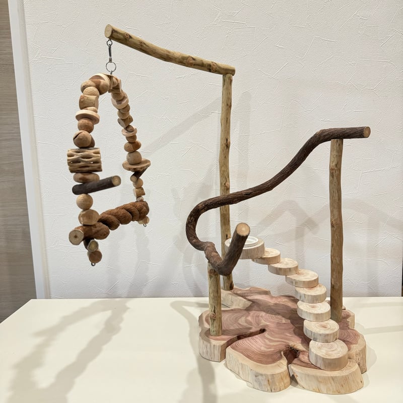 螺旋階段とブランコのバードアスレチック【インコのおもちゃ・自然木の