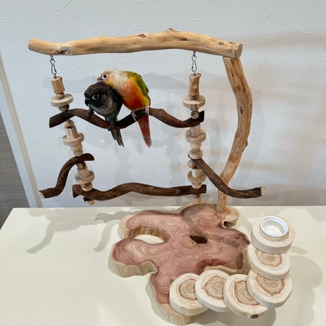 ブランコと螺旋階段のバードアスレチック【インコのおもちゃ・自然木のとまり木】