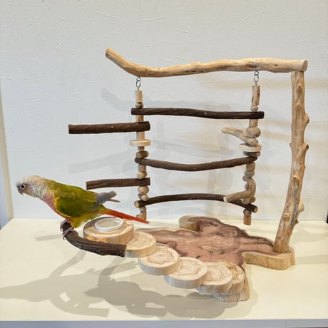 ブランコと螺旋階段のバードアスレチック【インコのおもちゃ・自然木のとまり木】