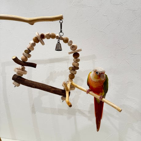 ツタとステンレスベルのパーチブランコ① 【インコ・小鳥のおもちゃ　自然木の止まり木】