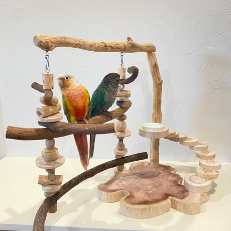 ブランコと螺旋階段のバードアスレチック【インコのおもちゃ・自然木のとまり木】