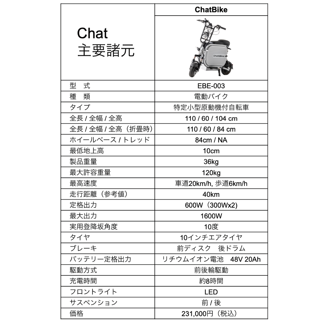 16歳以上免許不要）特定小型原付 電動バイク（2輪） ebesah 『ChatBike