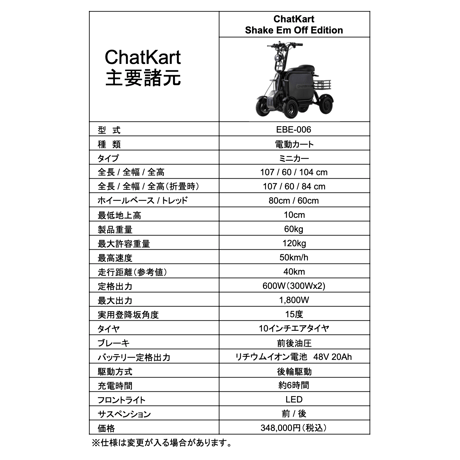 電動ミニカー（4輪）『ChatKart "Shake Em Off Edition"』（チャットカート・シェイケムオフエディション）