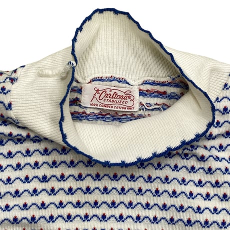 90cm｜80's-90's VINTAGE｜USA製 Mock Neck Jacquard Combed Cotton L/S T-shirt