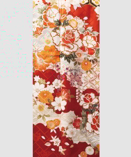 留袖用 細 袋帯 正絹 花横縞 辻が花 牡丹 Lサイズ F3391 美品 