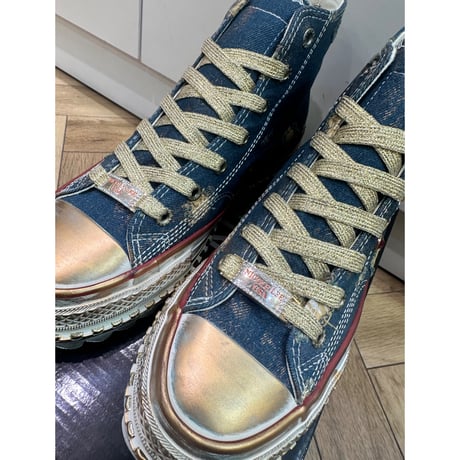 Vintageデニム スタッズ付きハイカットスニーカー（BLUE）