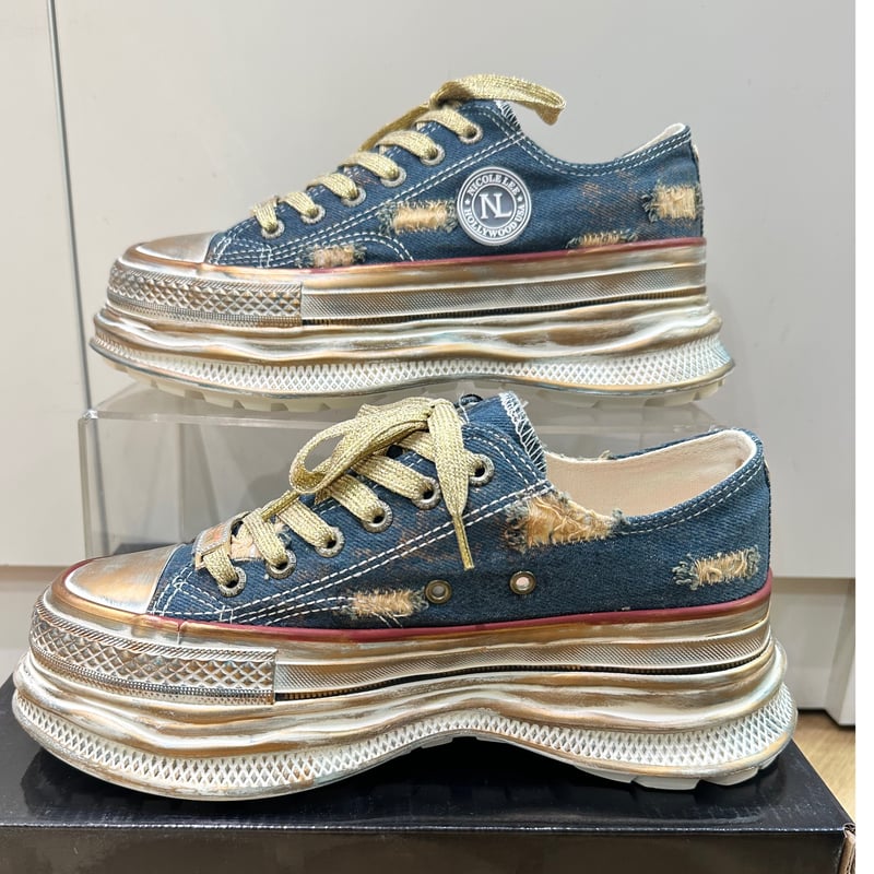 デニムブルー 厚底スニーカー 楽天市場】スニーカー デニム ダメージ加工 ハイカット 個性的