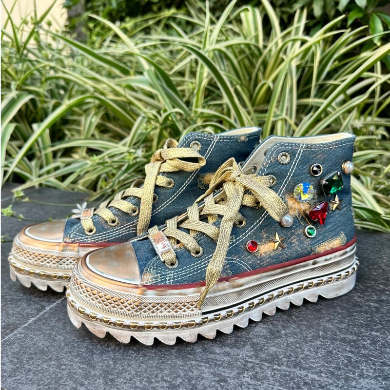 Vintageデニム スタッズ付きハイカットスニーカー（BLUE