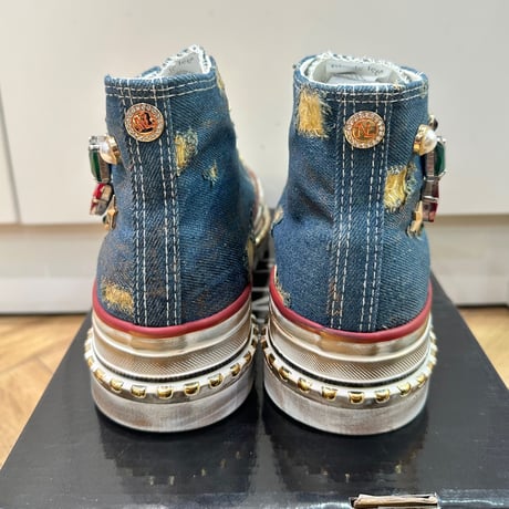 Vintageデニム スタッズ付きハイカットスニーカー（BLUE）