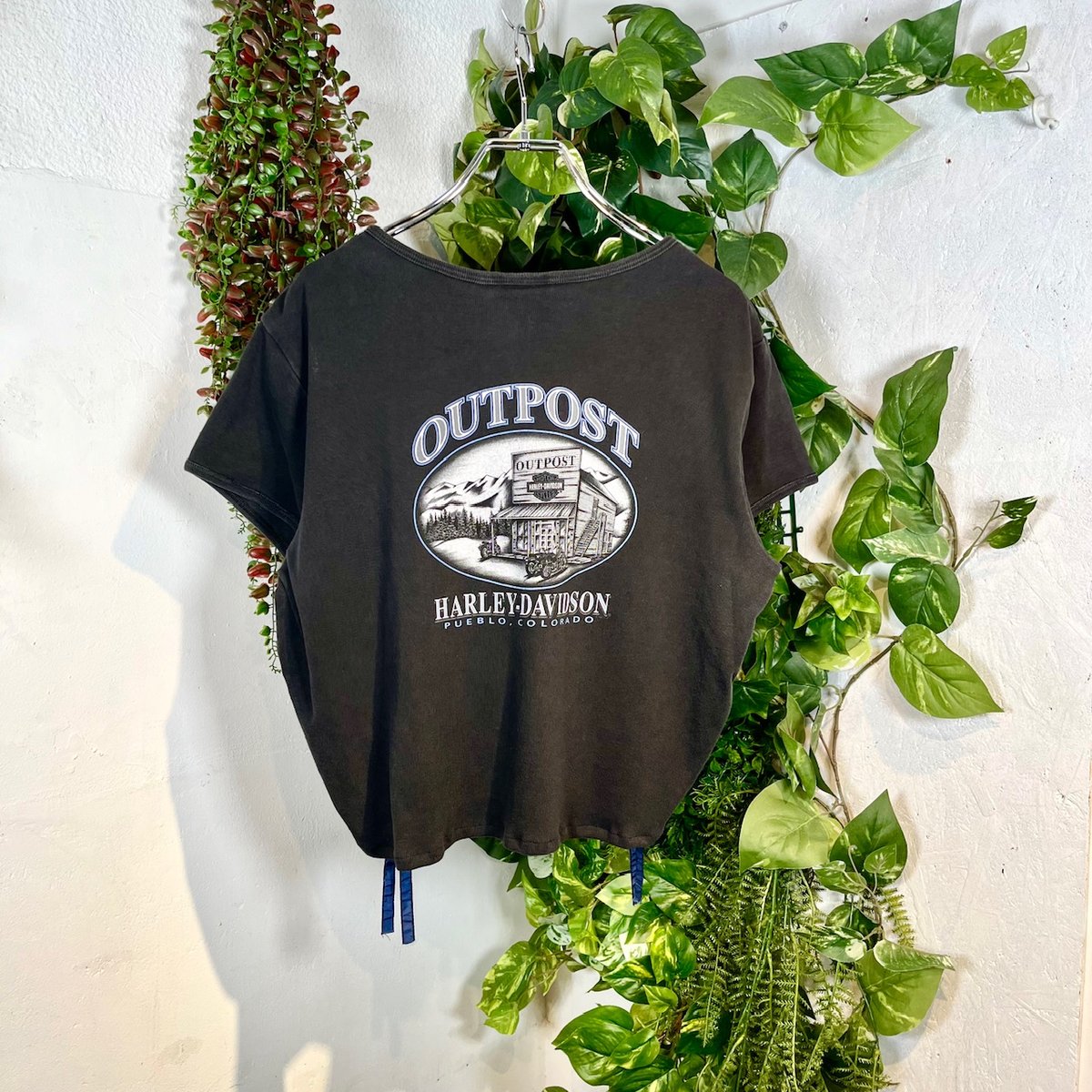 古着リメイク　Tシャツ　kmellow リボン ブルーリボンハーレーリメイクリボンギャザーTシャツ IGB1098
