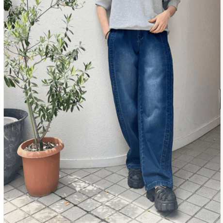 【INDKNIT】ダブルステッチ カーブデニム