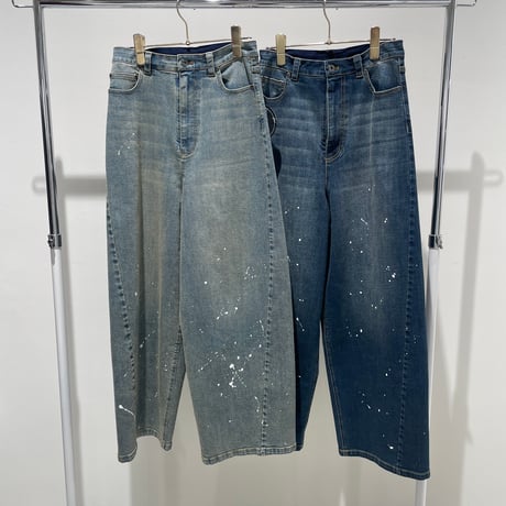 856734 ペイント加工バレルレッグデニムパンツ(ブルー)