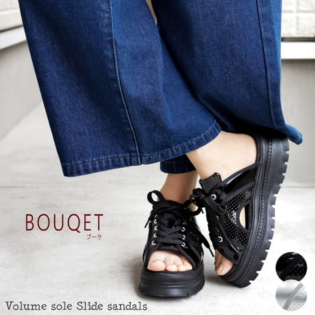 【2026年春夏/再入荷】BOUQET スポーツサンダル レースアップ パンチング 厚底 フラット 軽量 3e