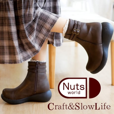 【2025年秋冬/再入荷】Nuts world ミドルブーツ 4e 幅広 厚底 ウエッジ ファスナー 2ベルト 低反発
