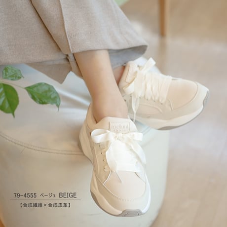 【厚底5cm/可愛い足元】スニーカー radiant 厚底 きれいめ リボンシューレース ミドルカット 3E 軽量