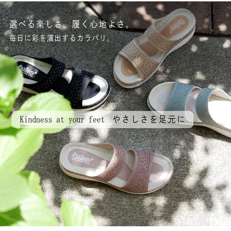 PARTAM ミュールサンダル ビジュー パンチング 2本ベルト フラット 軽い