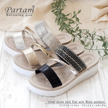 PARTAM ミュールサンダル クリアストーン 2本ベルト フラット 3e 軽い