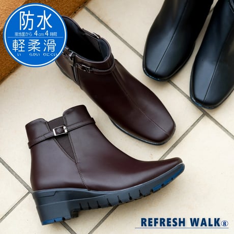 REFRESH WALK ショートブーツ 防水 耐滑 抗菌 軽い ウエッジ ゴム ベルト 3e