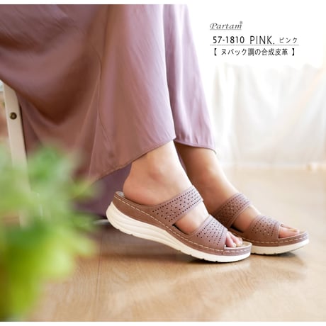 PARTAM ミュールサンダル ビジュー パンチング 2本ベルト フラット 軽い