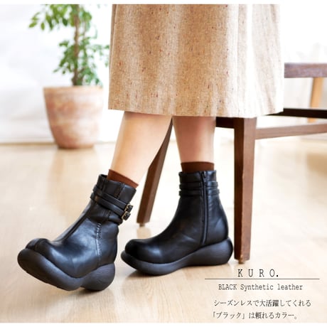 【2025年秋冬/再入荷】Nuts world ミドルブーツ 4e 幅広 厚底 ウエッジ ファスナー 2ベルト 低反発