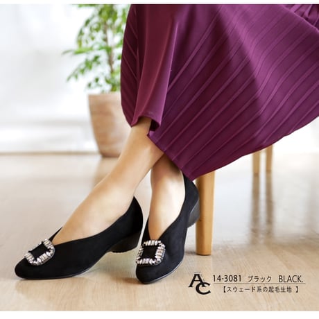 AC パンプス Vカット 日本製 バックル アーモンドトゥ ウエッジ 3e