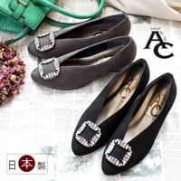 AC パンプス Vカット 日本製 バックル アーモンドトゥ ウエッジ 3e
