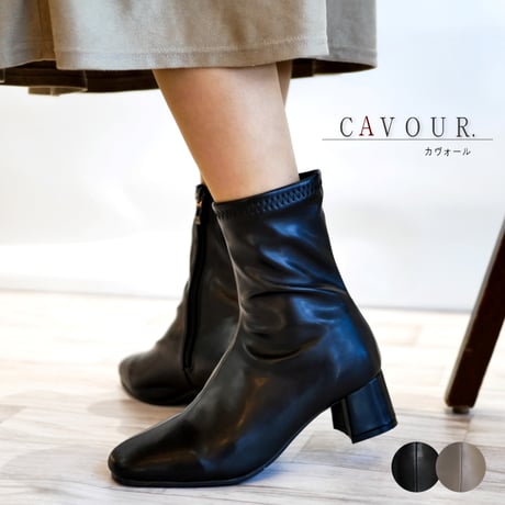 CAVOUR カボール ショートブーツ ストレッチ ブーツ レディース チャンキーヒール